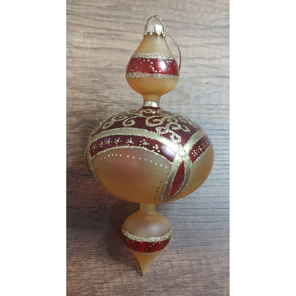 Vintage Style 3 Tiered Glass Christmas Ornament Red Gold Glitter B7